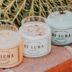 Di Luna Candles - 100% Soy Wax Di Luna Candles decorated with fruit ya and fried flowers and made in Tucson, AZ.