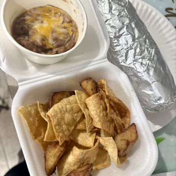 Aloha Stacks - *refried beans and chips that was NOT included in take-out for breakfast burrito* - Pancakes Near Me - El Monte, California