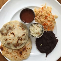 Pupusas plate: choice of two pupusas, beans and rice.