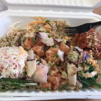 Poke Rainbow - Brown rice, salmon, spicy tuna and octopus along with the rest of the toppings! The picture shows the description. I do suggest you try it. - Poke Near Me - Van Nuys, California