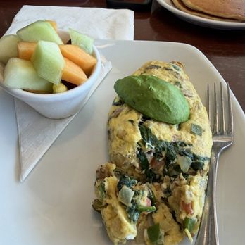 Honey-Jam Cafe - Veggie Omelette with avocado on top, I had pancakes & a fruit cup - Breakfast & Brunch Near Me - Countryside, Illinois
