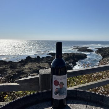 Pacific Star Winery - One of the bottles of wine we purchased with the ocean in the background. - Wineries Near Me - Fort Bragg, California Pacific Star Winery - One of the bottles of wine we purchased with the ocean in the background. - Wineries Near Me - Fort Bragg, California