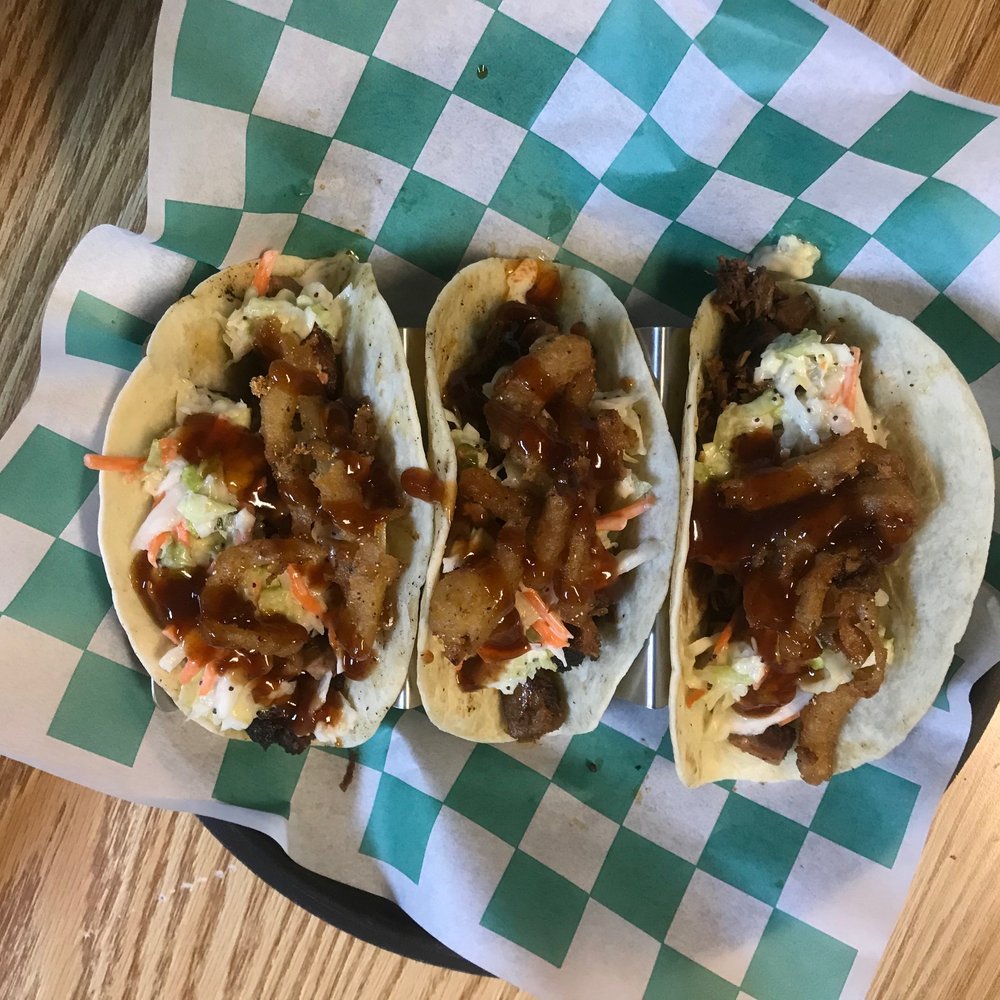 The Curly Tail - Brisket Street Tacos 3 Soft Shell Tacos filled with Smoked Brisket and their House Cole Slaw - American Near Me - Flora, Illinois