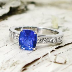 Lippa's Estate and Fine Jewelry - Ceylon Sapphire, claw prongs, with French Cut Diamonds Set in 18k White Gold - Custom Made Design