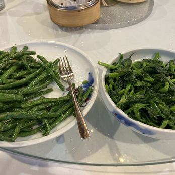 Dim Sum Palace - Stir-fried string Beans on left, stir-fried sprout leaves on right - Dim Sum Near Me - New York, New York Dim Sum Palace - Stir-fried string Beans on left, stir-fried sprout leaves on right - Dim Sum Near Me - New York, New York