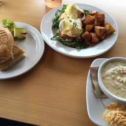 Overall picture of what we ordered. Chicken & Brie Cheese Panini on the left, Smoked Salmon Benny in the middle and Chowder on the right. Overall picture of what we ordered. Chicken & Brie Cheese Panini on the left, Smoked Salmon Benny in the middle and Chowder on the right.