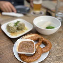 Dumplings, pretzel and sausage. Dumplings, pretzel and sausage.