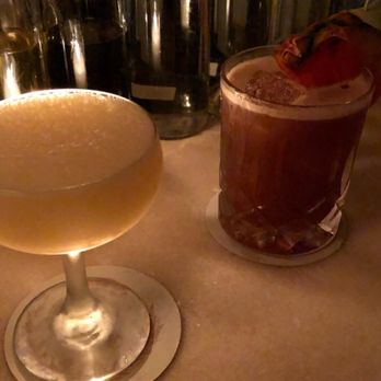 Maison Premiere - Smaller cup is the Maison jungle bird and the red cup is the carondelet - Seafood Near Me - Brooklyn, New York Maison Premiere - Smaller cup is the Maison jungle bird and the red cup is the carondelet - Seafood Near Me - Brooklyn, New York