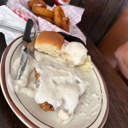 Fried Steak Mashed Potatoes Dinner Roll Onion Rings