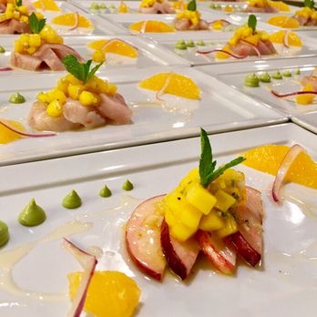 The Private Chefs - Hamachi and peach sashimi with avocado-tahini purée, mango-shallot salsa and cara cara orange. - Caterers Near Me