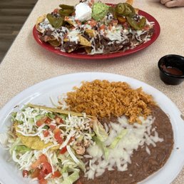 Chicken tacos and shredded beef nachos!!