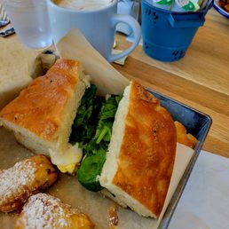 Green eggs and sam with crognets and a cappuccino