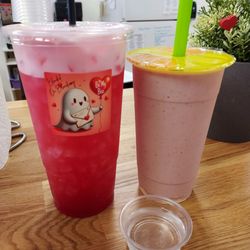 Blended on Broadway - Protini combo with Berry Lemonade, Peanut butter jelly shake, and mango aloe shot