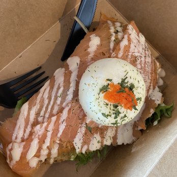 Aroma Craft Coffee - Hubby's salmon toast with poached egg. He liked it but also wished it could have included some greens or fruit. - Coffee Roasteries Near Me - Walnut, California