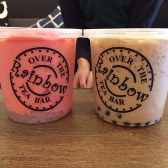 Over The Rainbow Tea Bar - Strawberry smoothie with lychee an original black milk tea with boba. - Desserts Near Me - Renton, Washington