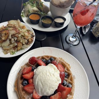 Plums Cafe - Northwest Berry Waffle, Side Potatoes, Trailblazer Wrap - Breakfast & Brunch Near Me - Costa Mesa, California Plums Cafe - Northwest Berry Waffle, Side Potatoes, Trailblazer Wrap - Breakfast & Brunch Near Me - Costa Mesa, California