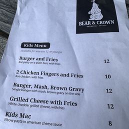 Kids menu