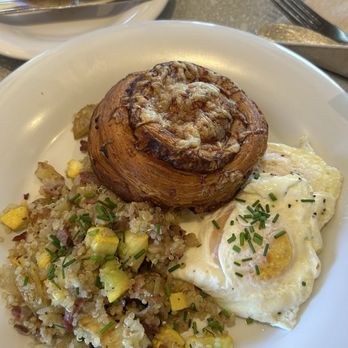 Essence Bakery Cafe - Weekend Brunch Special - Quinoa Hash with Bacon/Summer Squash/Yukon Gold Potatoes, Fried Eggs,  Gruyere Cheese Croissant - Breakfast & Brunch Near Me - Phoenix, Arizona