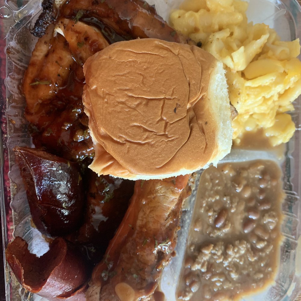 Ruby Jewels Catering - 3-way with ribs, chicken, links, Mac & Cheese, baked beans and a roll. - Caterers Near Me - Vallejo, California Ruby Jewels Catering - 3-way with ribs, chicken, links, Mac & Cheese, baked beans and a roll. - Caterers Near Me - Vallejo, California