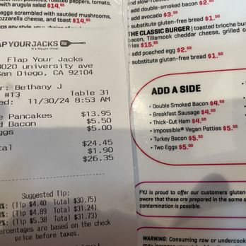 Flap Your Jacks - The menu says a side of bacon is $4.50 but they charged $5.50. Crazy! - Breakfast & Brunch Near Me - San Diego, California Flap Your Jacks - The menu says a side of bacon is $4.50 but they charged $5.50. Crazy! - Breakfast & Brunch Near Me - San Diego, California