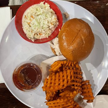 Rock n Roll Ribs - Iveys Pulled Chicken Sandwich with Sweet Potato Fries and Power Slave Slaw - Barbeque Near Me - Coral Springs, Florida