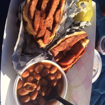 Wise Barbecue - Hot Link Sandwich with Cowboy Beans - Food Trucks Near Me Wise Barbecue - Hot Link Sandwich with Cowboy Beans - Food Trucks Near Me