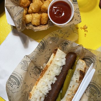 Dat Dog - vegan chipotle dog, peppers, onions, tator tots. - Hot Dogs Near Me - New Orleans, Louisiana Dat Dog - vegan chipotle dog, peppers, onions, tator tots. - Hot Dogs Near Me - New Orleans, Louisiana