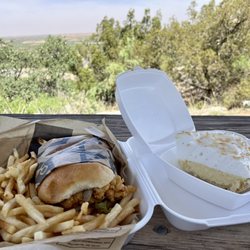 Cowboys Steakhouse and Restaurant - Fried chicken sandwich with fries and coconut pie