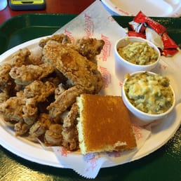 12 piece fried gizzards dinner with cornbread, broccoli rice casserole and two fried chicken wings. Tea. (Shared by 2 people) 12 piece fried gizzards dinner with cornbread, broccoli rice casserole and two fried chicken wings. Tea. (Shared by 2 people)