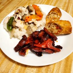 Chen’s Kitchen - Take-out order plated: moo goo gai pan over white rice with egg roll and boneless spare ribs