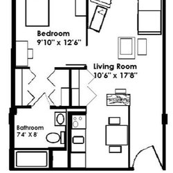 Typical floor plan for a one bedroom apartment.