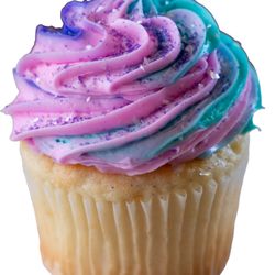 Cupcakes & More - Princess Cupcake - Almond flavored White Cake with a pink/blue swirl vanilla buttercream, topped with colorful confetti sprinkles.