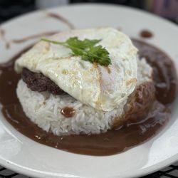 Scramblers Cafe - Loco moco with steamed rice, hamburger, and an over easy egg.