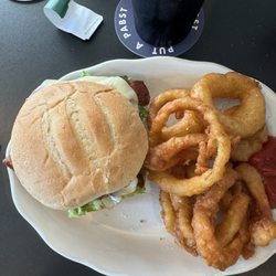 Buncey's Pizza and Sports Cafe - Bacon cheeseburger with onion rings