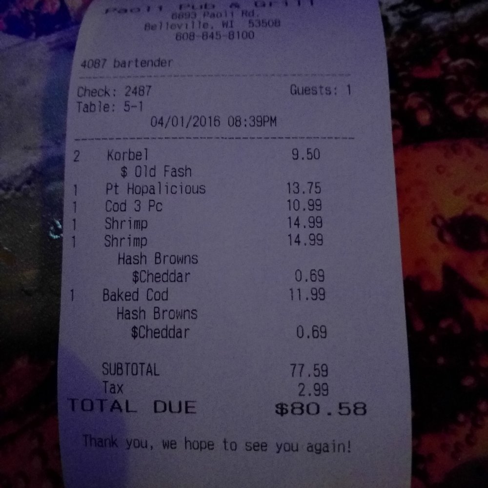 Paoli Pub & Grill - the receipt for the restaurant - Pubs Near Me - Belleville, Wisconsin Paoli Pub & Grill - the receipt for the restaurant - Pubs Near Me - Belleville, Wisconsin