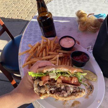 Sidewalk Cafe - Blue cheese bacon burger beer and fries - Salad Near Me - Arroyo Grande, California