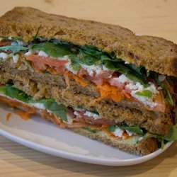Fox & Feather - Veggie Stack : homemade hummus, cucumber, tomato, carrot and crumbled feta on granary