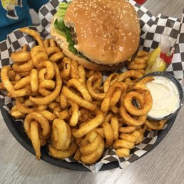 Curly fries with cheese  burger