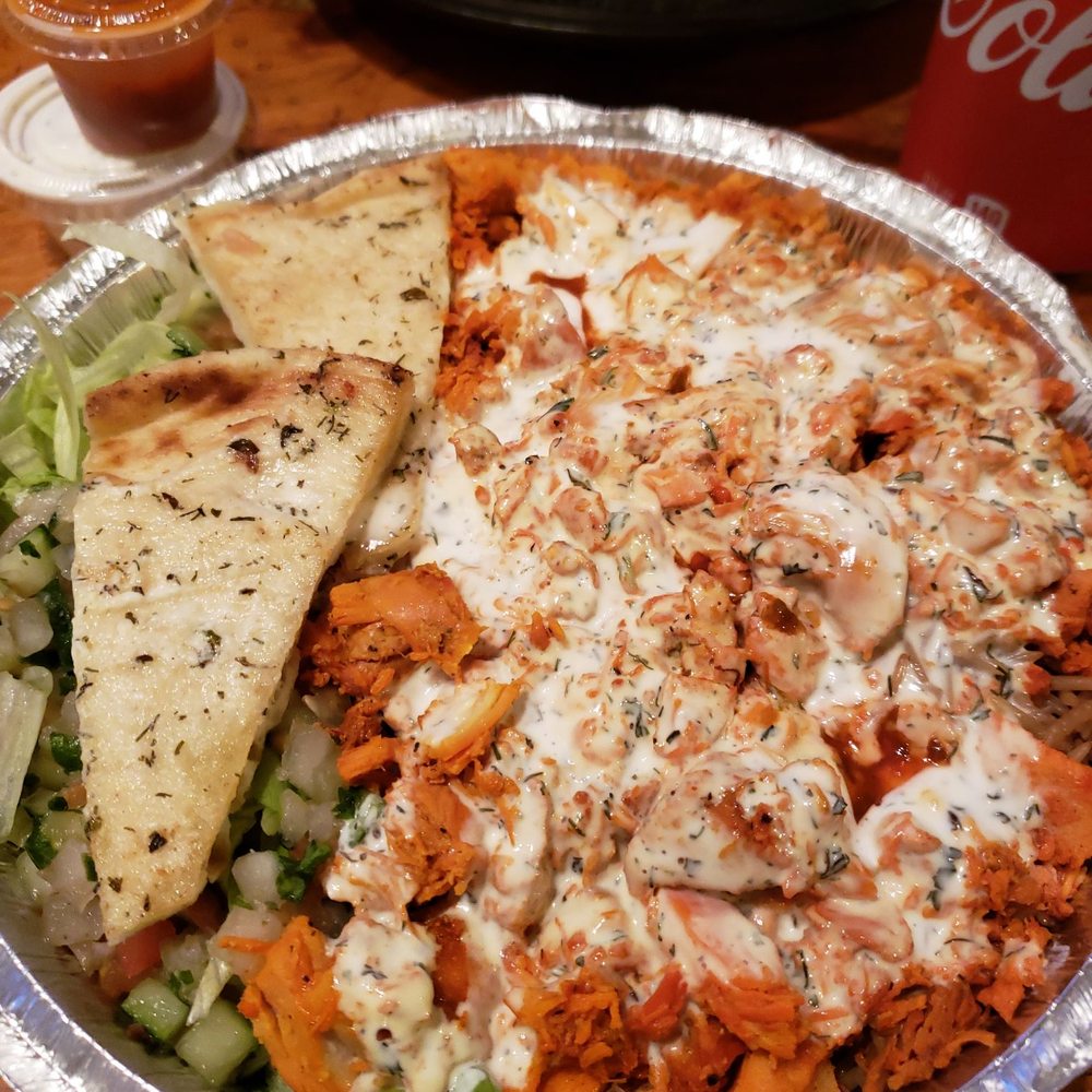 Kings Halal - Chicken over rice platter. I asked for extra white and hot sauces aaaand received plenty. Yum! - Halal Near Me - Deer Park, New York Kings Halal - Chicken over rice platter. I asked for extra white and hot sauces aaaand received plenty. Yum! - Halal Near Me - Deer Park, New York