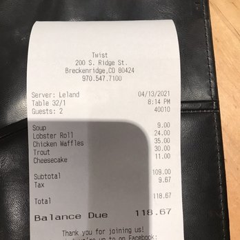 Twist - The bill was very reasonable for the food, the place, and the very good service. - New American Near Me - Breckenridge, Colorado Twist - The bill was very reasonable for the food, the place, and the very good service. - New American Near Me - Breckenridge, Colorado