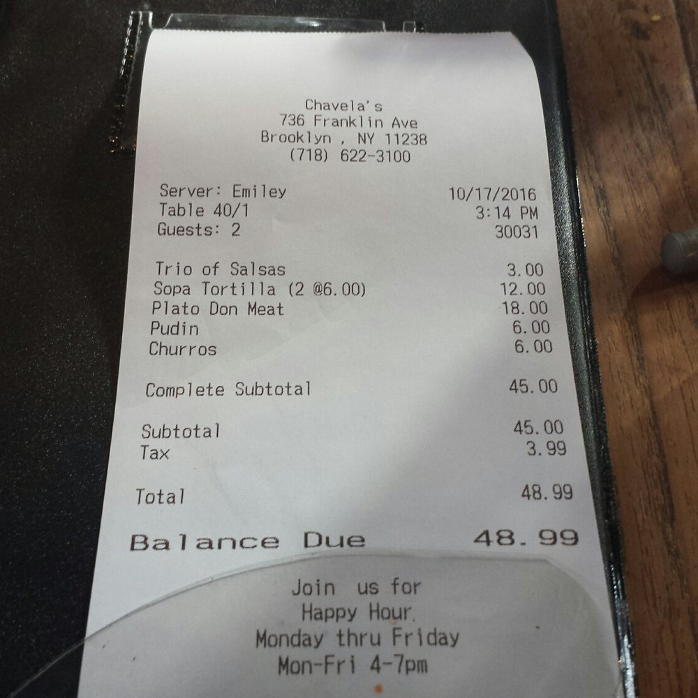Chavela's - Not a bad bill for all the food we ordered. - Mexican Near Me - Brooklyn, New York