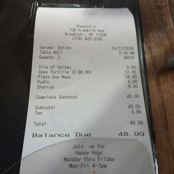 Chavela's - Not a bad bill for all the food we ordered. - Mexican Near Me - Brooklyn, New York Chavela's - Not a bad bill for all the food we ordered. - Mexican Near Me - Brooklyn, New York