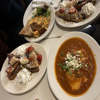 Cafe Bonjour - Authentic Shakshuka Strawberry Stuffed French Toast Plate Bonjour Omelet Plate - Breakfast & Brunch Near Me - Boston, Massachusetts