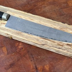 Wright Sharpening - Hattori KD30 COWRY-X 121 (layered Damascus steel Gyuto) and ordered a titanium cutting board and now the old butcher block's obsolete