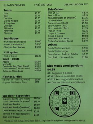 Menu photo 1 El Patio Drive In Anaheim, CA Menu photo 1 El Patio Drive In Anaheim, CA