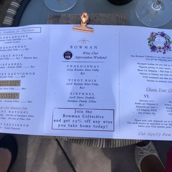 Bowman Cellars - Tasting + food menu - Wine Tasting Room Near Me - Graton, California