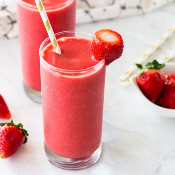 Soup Nazi Kitchen - two glasses of strawberry smoothie with strawberries - Soup Near Me - Everett, Washington Soup Nazi Kitchen - two glasses of strawberry smoothie with strawberries - Soup Near Me - Everett, Washington