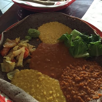 Cafe Selam - Vegetarian combo with extra yellow split peas to substitute the spinach dish. Gluten free injera. Delicious! - Ethiopian Near Me - Seattle, Washington