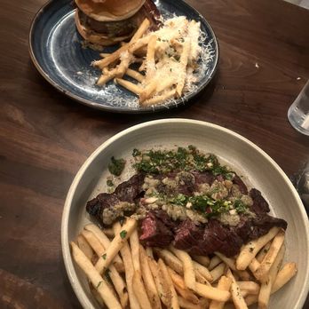 Eureka! - 28 day dry aged bone marrow burg &Steak Frites with bone marrow butter & chimichurri - Burgers Near Me - Claremont, California Eureka! - 28 day dry aged bone marrow burg &Steak Frites with bone marrow butter & chimichurri - Burgers Near Me - Claremont, California