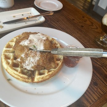 Nectar - Chicken n Waffle (No Bueno) with the Nitro Cold Brew in the background. - Breakfast & Brunch Near Me - Hilton Head Island, South Carolina Nectar - Chicken n Waffle (No Bueno) with the Nitro Cold Brew in the background. - Breakfast & Brunch Near Me - Hilton Head Island, South Carolina
